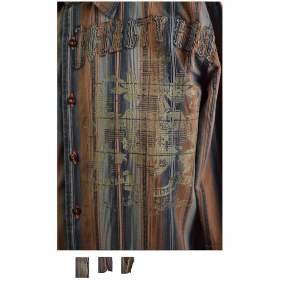 Point Zero Black Label MEN sz M  Long Sleeves Shirt Orange Brown Gray Stripes - Picture 3 of 12